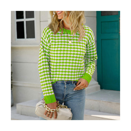 Women's Long Sleeve Round Neck Plaid Intercolor Pullover Knit Sweater Bottom Sweater