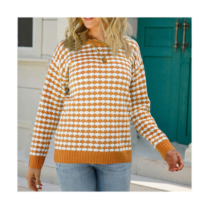 Women's Long Sleeve Round Neck Plaid Intercolor Pullover Knit Sweater Bottom Sweater