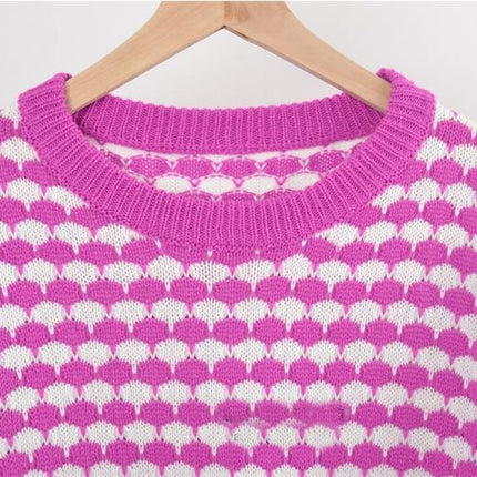 Women's Long Sleeve Round Neck Plaid Intercolor Pullover Knit Sweater Bottom Sweater