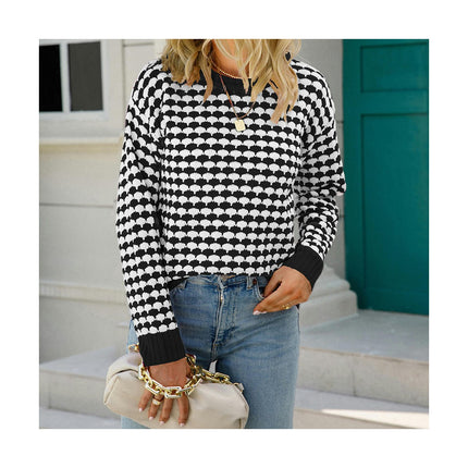 Women's Long Sleeve Round Neck Plaid Intercolor Pullover Knit Sweater Bottom Sweater
