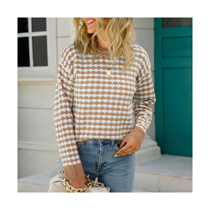 Women's Long Sleeve Round Neck Plaid Intercolor Pullover Knit Sweater Bottom Sweater