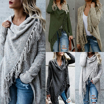 Women's Long Irregular Knit Cardigan Tassel Knit Pullover Sweater Jacket