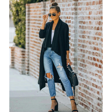 Women's Solid Color Long Knitted Cardigan OL Tongle Loose Fashionable Knitted Jacket