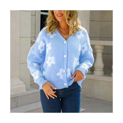 Women's Loose Cozy Printed Knit Cardigan Floral Button Jacket Sweater