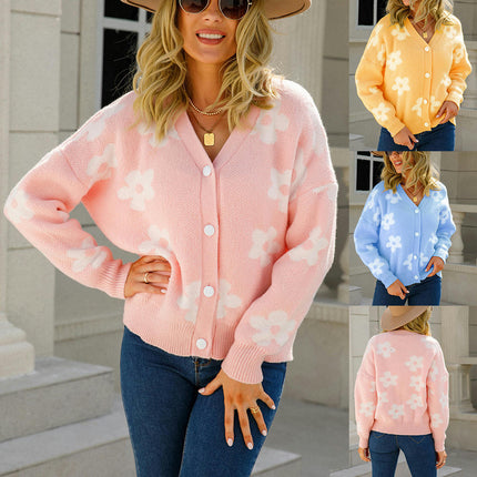 Women's Loose Cozy Printed Knit Cardigan Floral Button Jacket Sweater