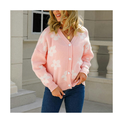 Women's Loose Cozy Printed Knit Cardigan Floral Button Jacket Sweater