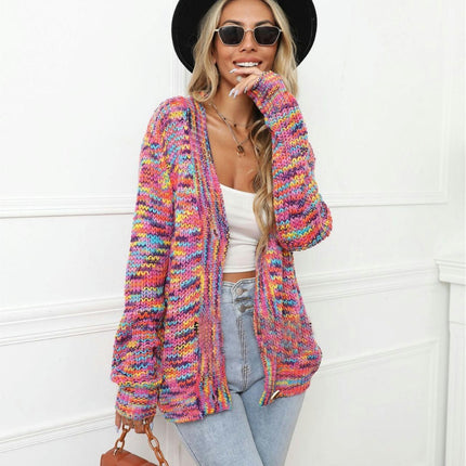 Women Rainbow Intercolor Festival Dye Short Cardigan Knit Jacket Button Cardigan Sweater