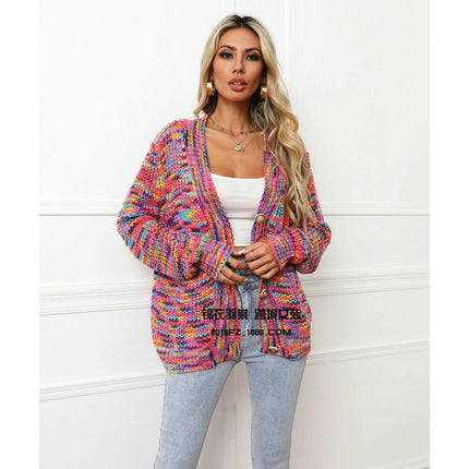 Women Rainbow Intercolor Festival Dye Short Cardigan Knit Jacket Button Cardigan Sweater