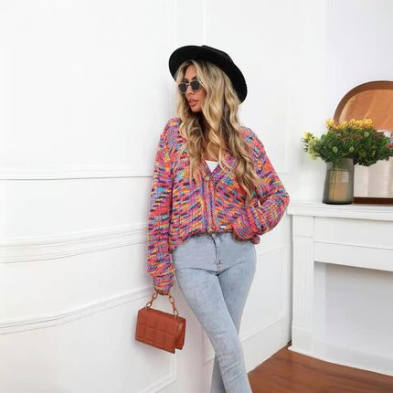 Women Rainbow Intercolor Festival Dye Short Cardigan Knit Jacket Button Cardigan Sweater