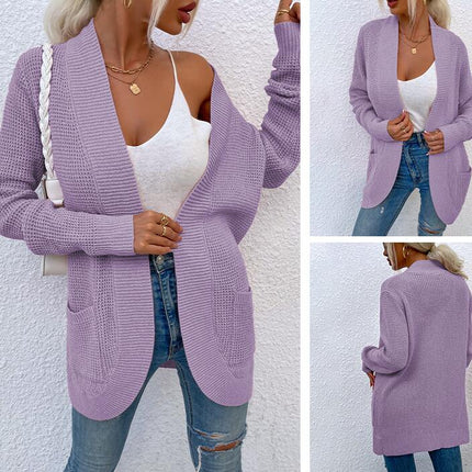 Women's Long Knit Ribbed Cuff Hem Curved Long Sleeve Pocket Sweater Jacket