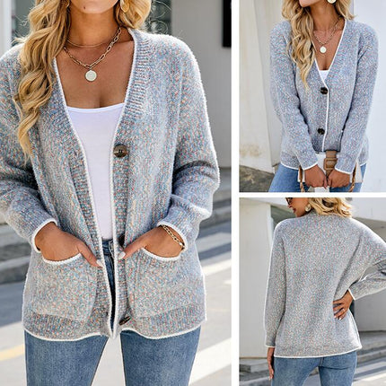 Women's Clashing Color Chenille Knit Pocket Button Sweater Cardigan Jacket