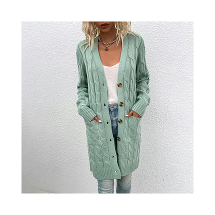 Long Sleeve Long Knit Sweater Twist Sweater Women's Button Cardigan with Pockets
