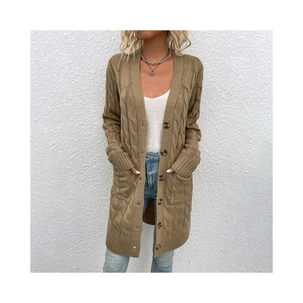 Long Sleeve Long Knit Sweater Twist Sweater Women's Button Cardigan with Pockets