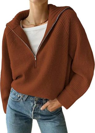 Women's Half-Zip Knitted Long Sleeve Sweater Drop Shoulder Quarter-Zip Lapel Pullover