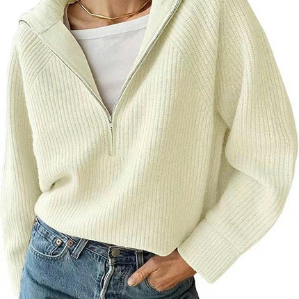 Women's Half-Zip Knitted Long Sleeve Sweater Drop Shoulder Quarter-Zip Lapel Pullover