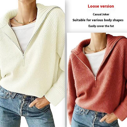Women's Half-Zip Knitted Long Sleeve Sweater Drop Shoulder Quarter-Zip Lapel Pullover
