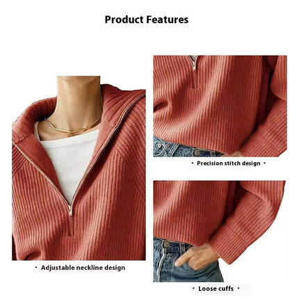 Women's Half-Zip Knitted Long Sleeve Sweater Drop Shoulder Quarter-Zip Lapel Pullover