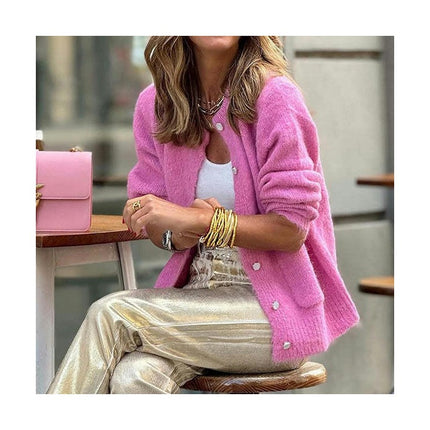 Women's Button Cardigan Warm Sweater Slim Round Neck Loose Thick Pocket Jacket