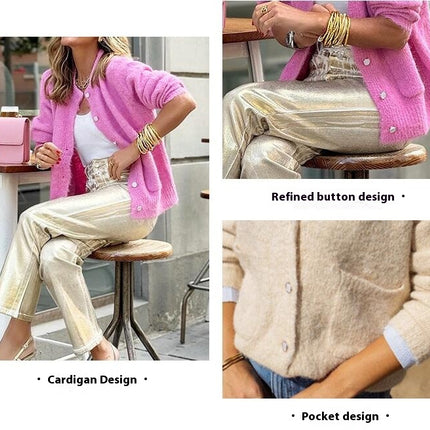 Women's Button Cardigan Warm Sweater Slim Round Neck Loose Thick Pocket Jacket