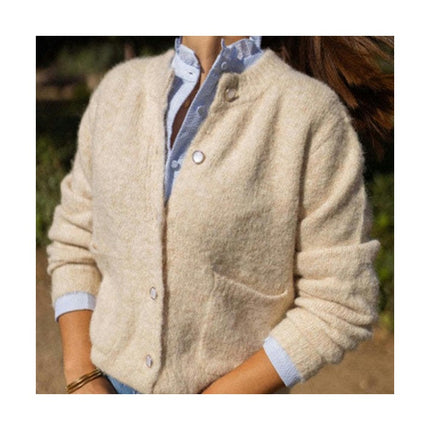 Women's Button Cardigan Warm Sweater Slim Round Neck Loose Thick Pocket Jacket