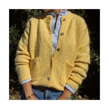 Women's Button Cardigan Warm Sweater Slim Round Neck Loose Thick Pocket Jacket