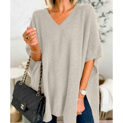 Women's Casual Half Bat Sleeve Loose V Neck Tops Lightweight Knit Pullover Sweater