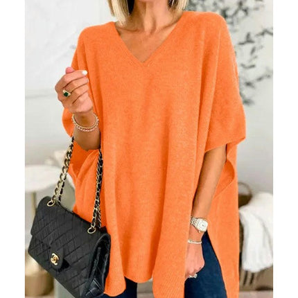 Women's Casual Half Bat Sleeve Loose V Neck Tops Lightweight Knit Pullover Sweater