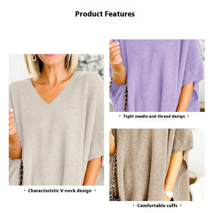 Women's Casual Half Bat Sleeve Loose V Neck Tops Lightweight Knit Pullover Sweater