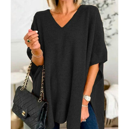 Women's Casual Half Bat Sleeve Loose V Neck Tops Lightweight Knit Pullover Sweater