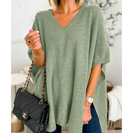Women's Casual Half Bat Sleeve Loose V Neck Tops Lightweight Knit Pullover Sweater