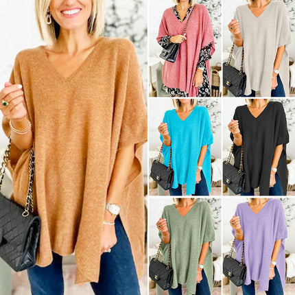 Women's Casual Half Bat Sleeve Loose V Neck Tops Lightweight Knit Pullover Sweater