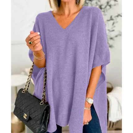 Women's Casual Half Bat Sleeve Loose V Neck Tops Lightweight Knit Pullover Sweater