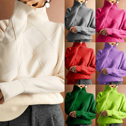 Women's High Neck Loose Warm Sweater Solid Color Soft Knit Pullover Top