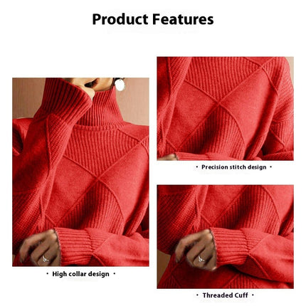 Women's High Neck Loose Warm Sweater Solid Color Soft Knit Pullover Top