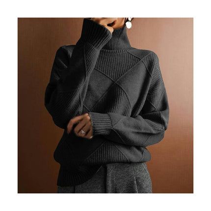 Women's High Neck Loose Warm Sweater Solid Color Soft Knit Pullover Top