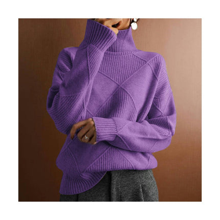 Women's High Neck Loose Warm Sweater Solid Color Soft Knit Pullover Top