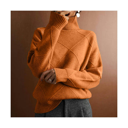 Women's High Neck Loose Warm Sweater Solid Color Soft Knit Pullover Top