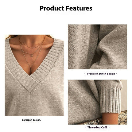 Women's Knit Pullover Top Solid Color Loose V-Neck Casual Versatile Knit Sweater