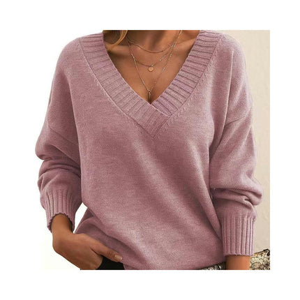 Women's Knit Pullover Top Solid Color Loose V-Neck Casual Versatile Knit Sweater