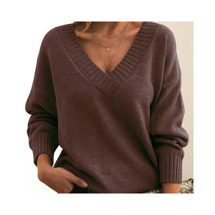 Women's Knit Pullover Top Solid Color Loose V-Neck Casual Versatile Knit Sweater