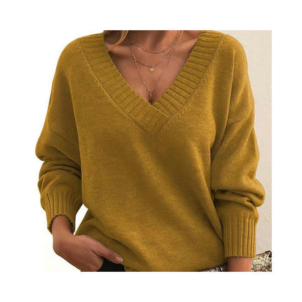 Women's Knit Pullover Top Solid Color Loose V-Neck Casual Versatile Knit Sweater