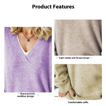 Women's V Neck Long Sleeve Soft Knitted Sweater Casual Pullover for Outerwear