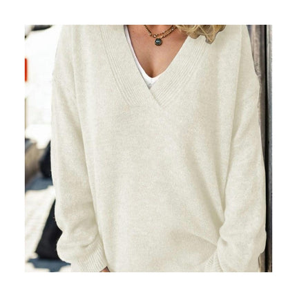 Women's V Neck Long Sleeve Soft Knitted Sweater Casual Pullover for Outerwear