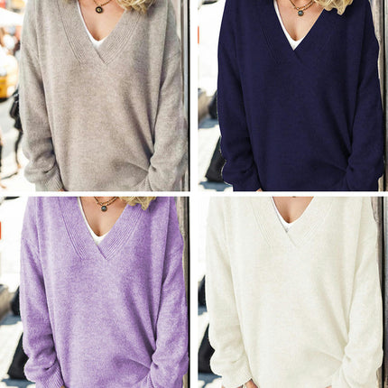 Women's V Neck Long Sleeve Soft Knitted Sweater Casual Pullover for Outerwear