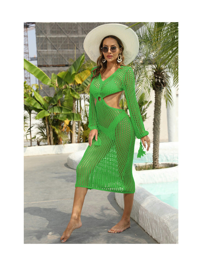 Women's Hollow Out Crochet Beach Long Sleeve Dresses Knit Swimsuit Coverups
