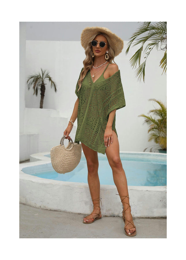 Women's Short Sleeve Crochet Swimsuit Cover Ups Summer Hollow Out Knitted Swimwear Beach Dress