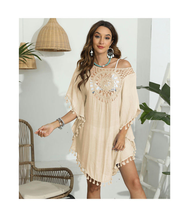 Women Crochet Swimsuit Coverups V Neck Hollow Out Tassel Summer Beach Cover Up Dress