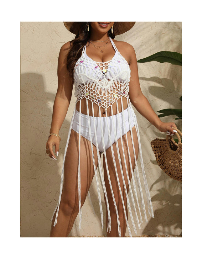 Women's Sexy Crochet Bikini Swimsuit Cover Ups Hollow Out Tassels Beach Dress