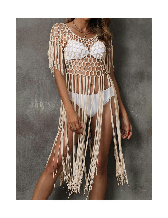 Women's Crochet Cover Ups Hollow Out Bikini Swimwear Tassel Beach Dress