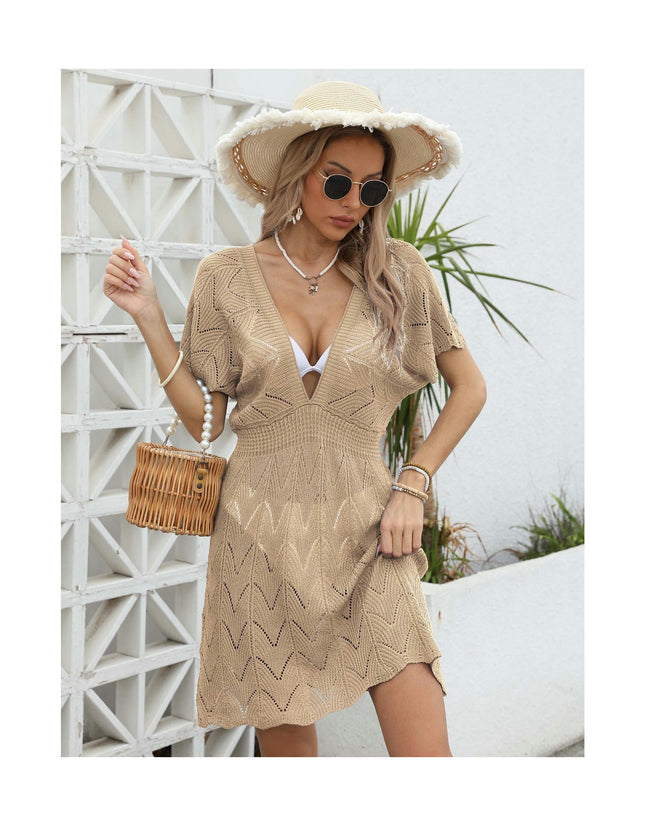 Women's Short Sleeve Crochet Hollow Out Bathing Suit Cover Ups Dress Swimwear